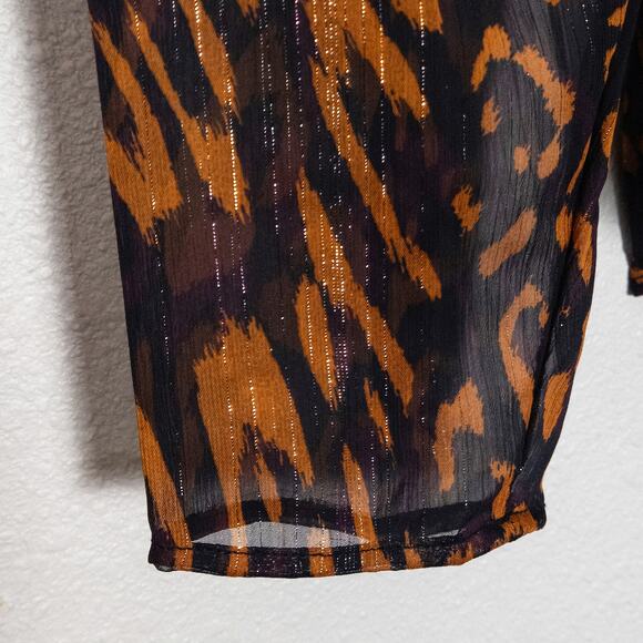 DKNY Sheer Blouse Animal Print Brown Black Size Large Mobwife Glam - Picture 8 of 13